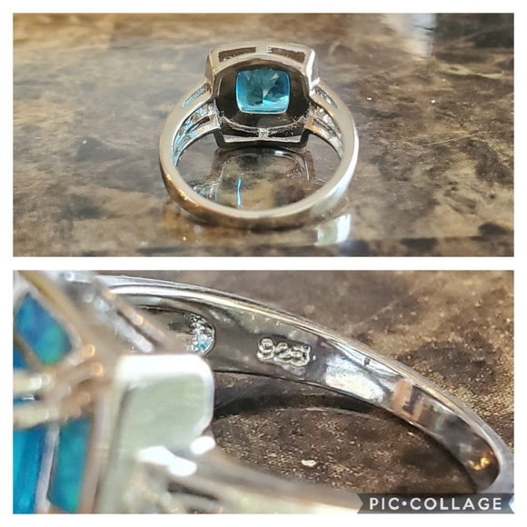 Genuine 3ct Blue Topaz/Opal inlay Ring Size 6 - Picture 6 of 8